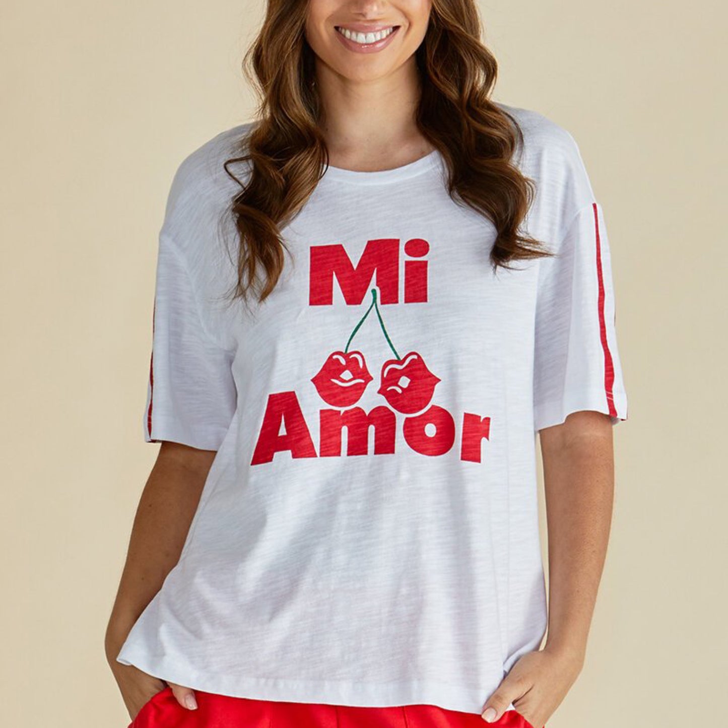 Relax Boxy Tee T-Shirt - Cherry Print - White