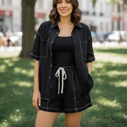 Romni Overstitch Button Up Shirt & Shorts Set - Black