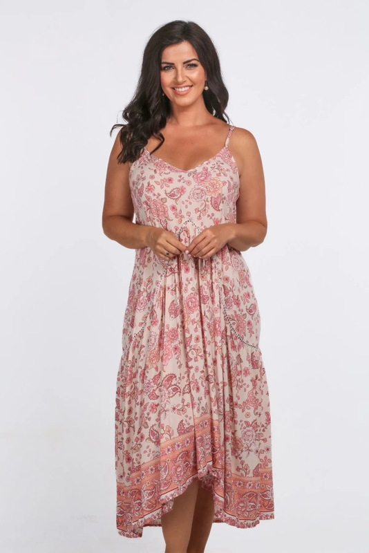 Lily Boho Slip Midi Dress - Pink