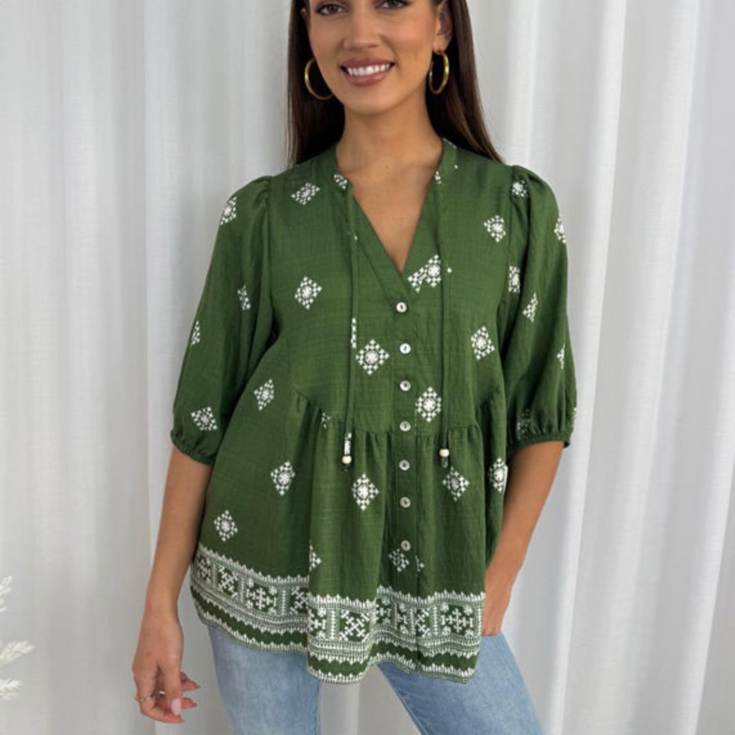 Pip Short Sleeve Button Up Shirt - Green White