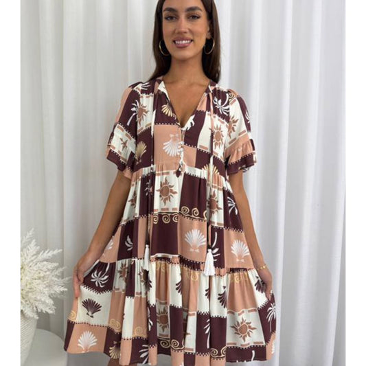 Grace Short Sleeve Button Up Short Dress - Brown Shell