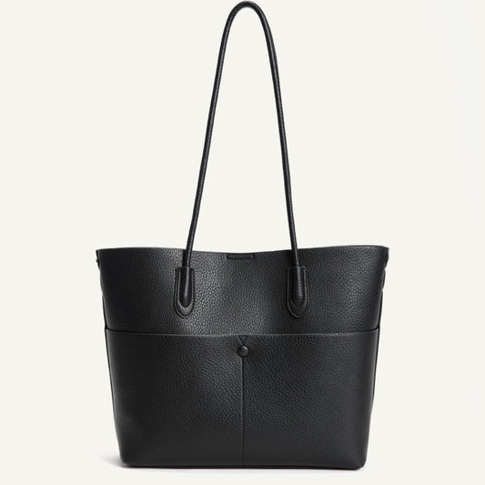 Pebbled Vegan Leather Work Bag with Front Compartments and Detachable Pouch - Black | Style State