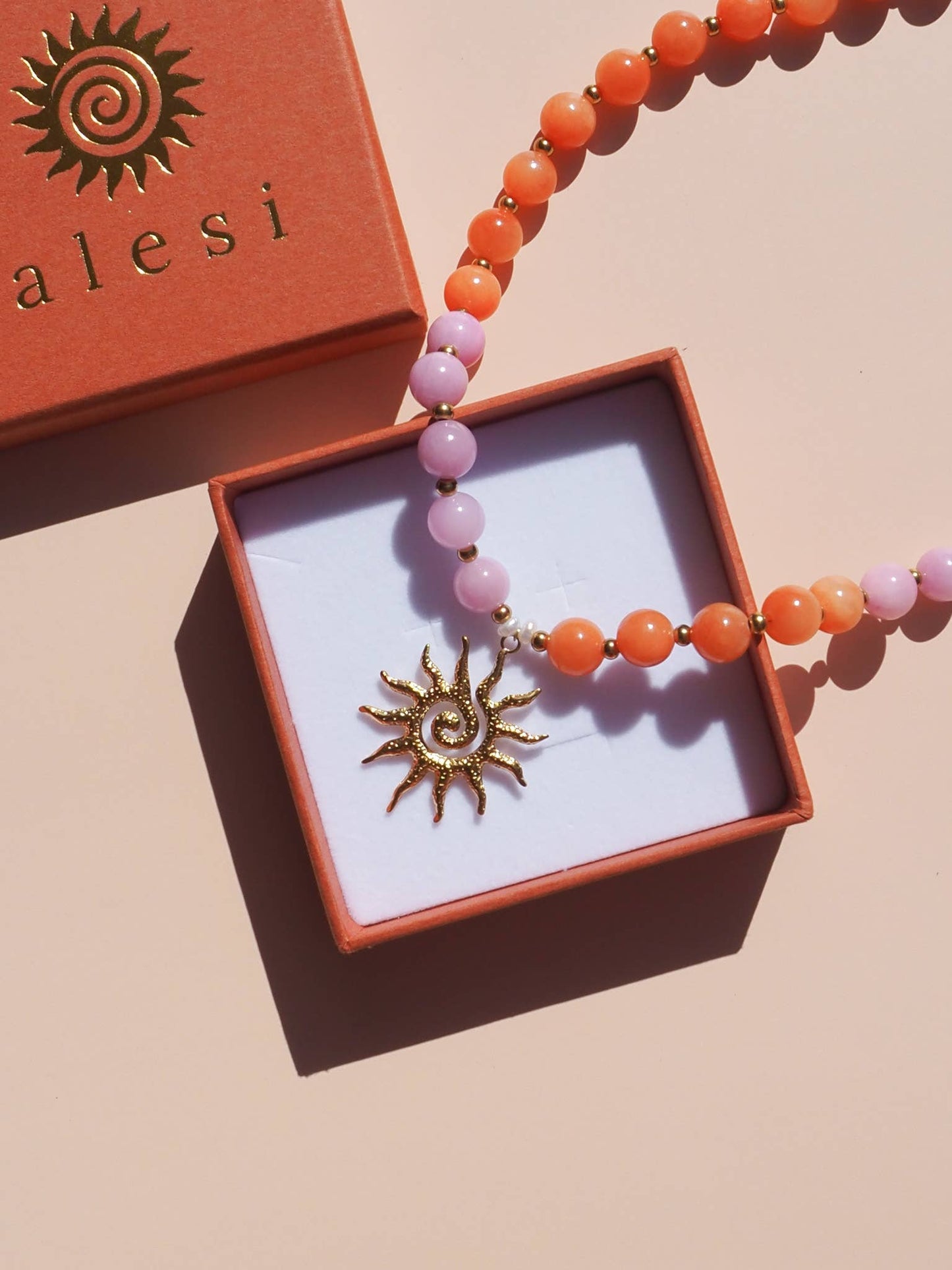 Spiral Gold Sun Pink & Orange Beaded Gemstone Necklace | Alesi Jewellery
