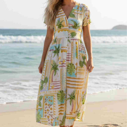 Zoe Button Up Midi Dress - Yellow Tropical