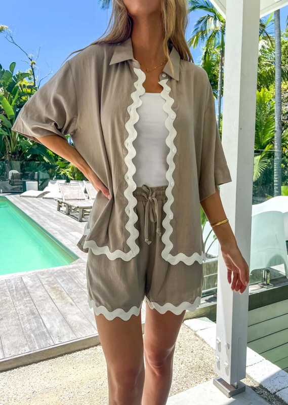 Carlson Ric Rac Button Up Shirt & Shorts Set - Taupe