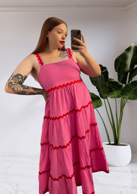 Tegan Ric Rac Maxi Dress - Pink Red