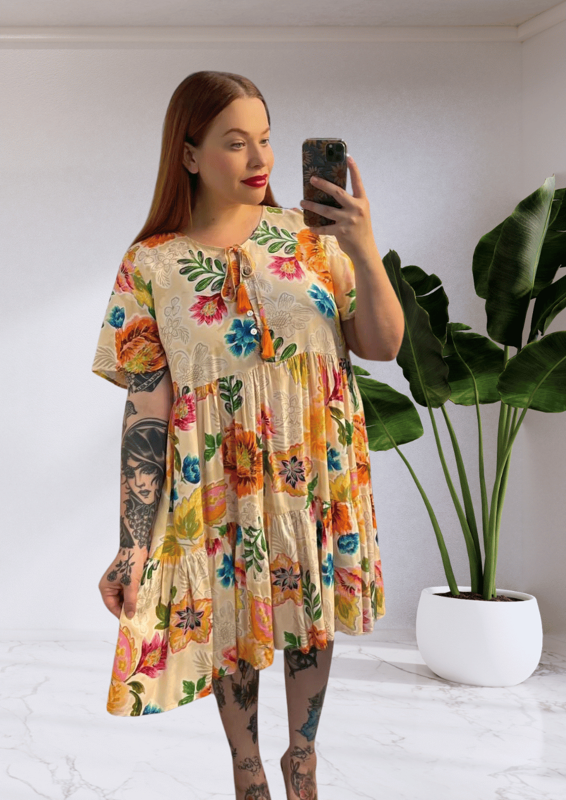 Kianna Boho Mini Dress Floral Cream