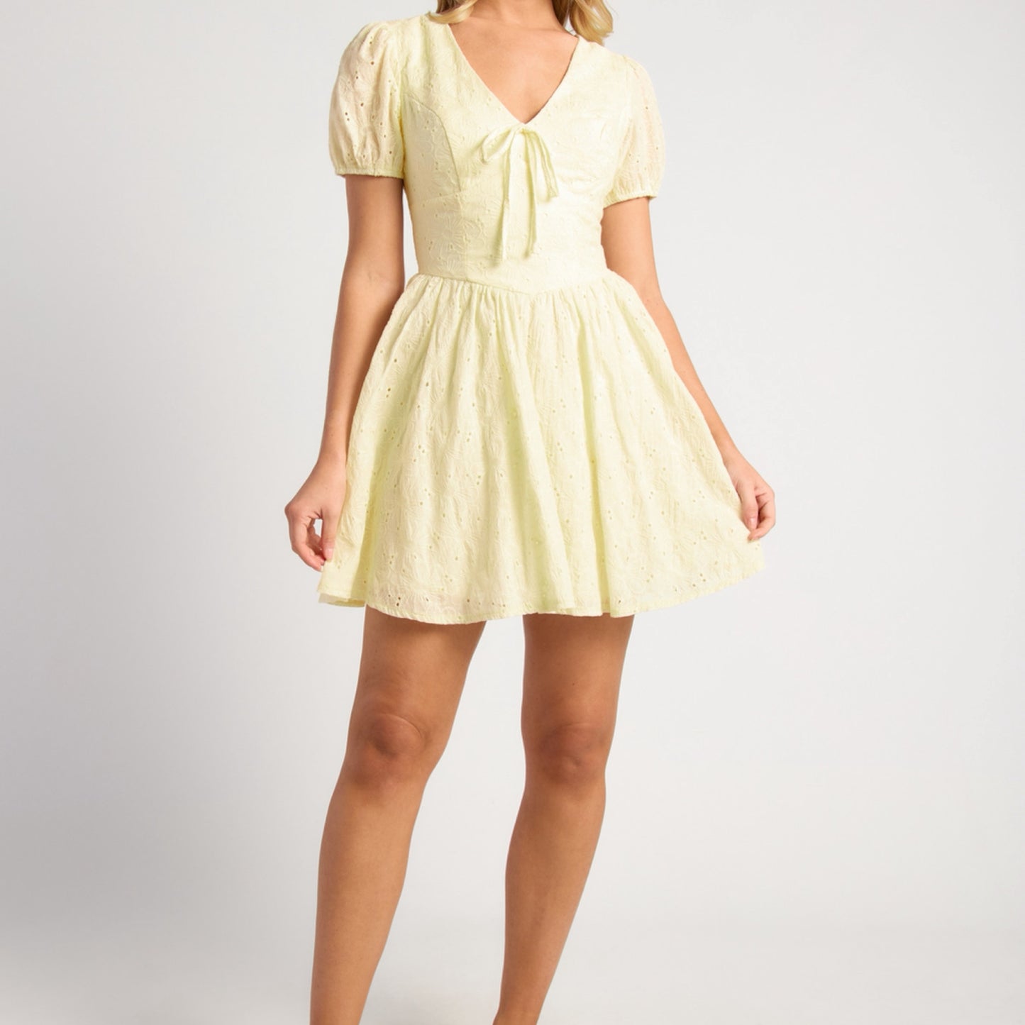 Kaylee Embroidered Cotton V Waist Panel Mini Dress - Lemon Yellow
