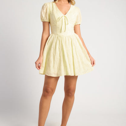 Kaylee Embroidered Cotton V Waist Panel Mini Dress - Lemon Yellow