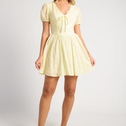 Kaylee Embroidered Cotton V Waist Panel Mini Dress - Lemon Yellow