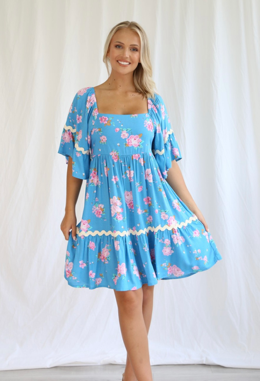 Kendra Square Neck Mini Dress - Blue Floral