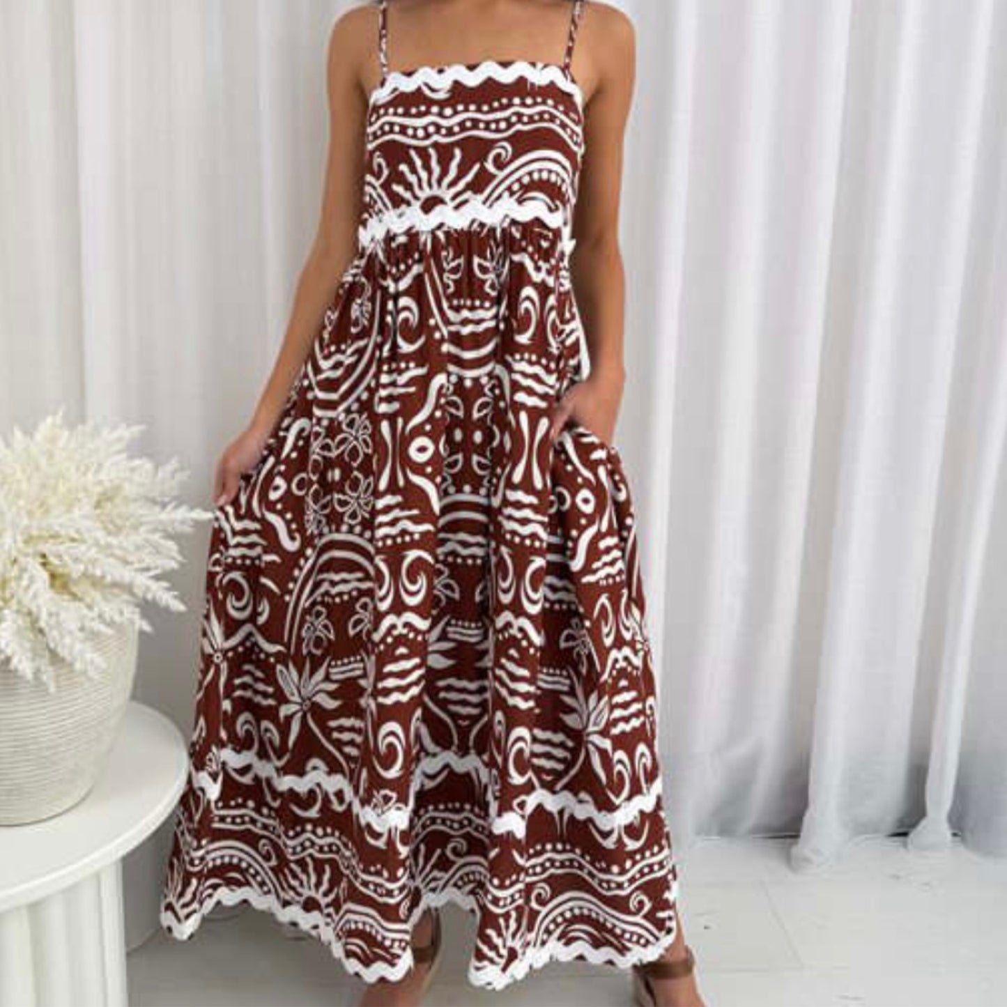 Eden Sleeveless RIC RAC Maxi Dress - Chocolate