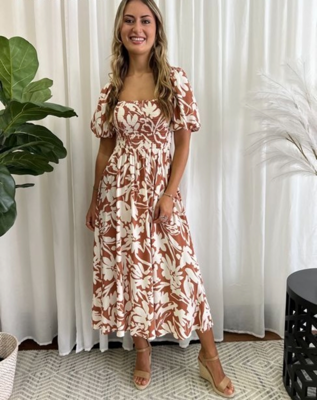 Alysia Shirred Bust Midi Dress - Brown Floral