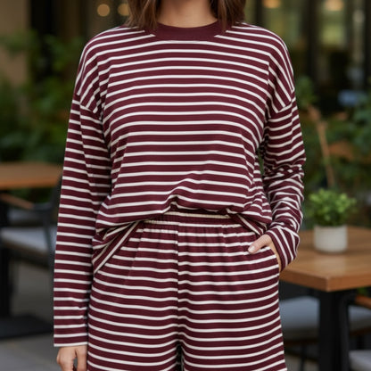 Tessa Long Sleeve Oversized Shirt & Shorts Set - Maroon Stripe
