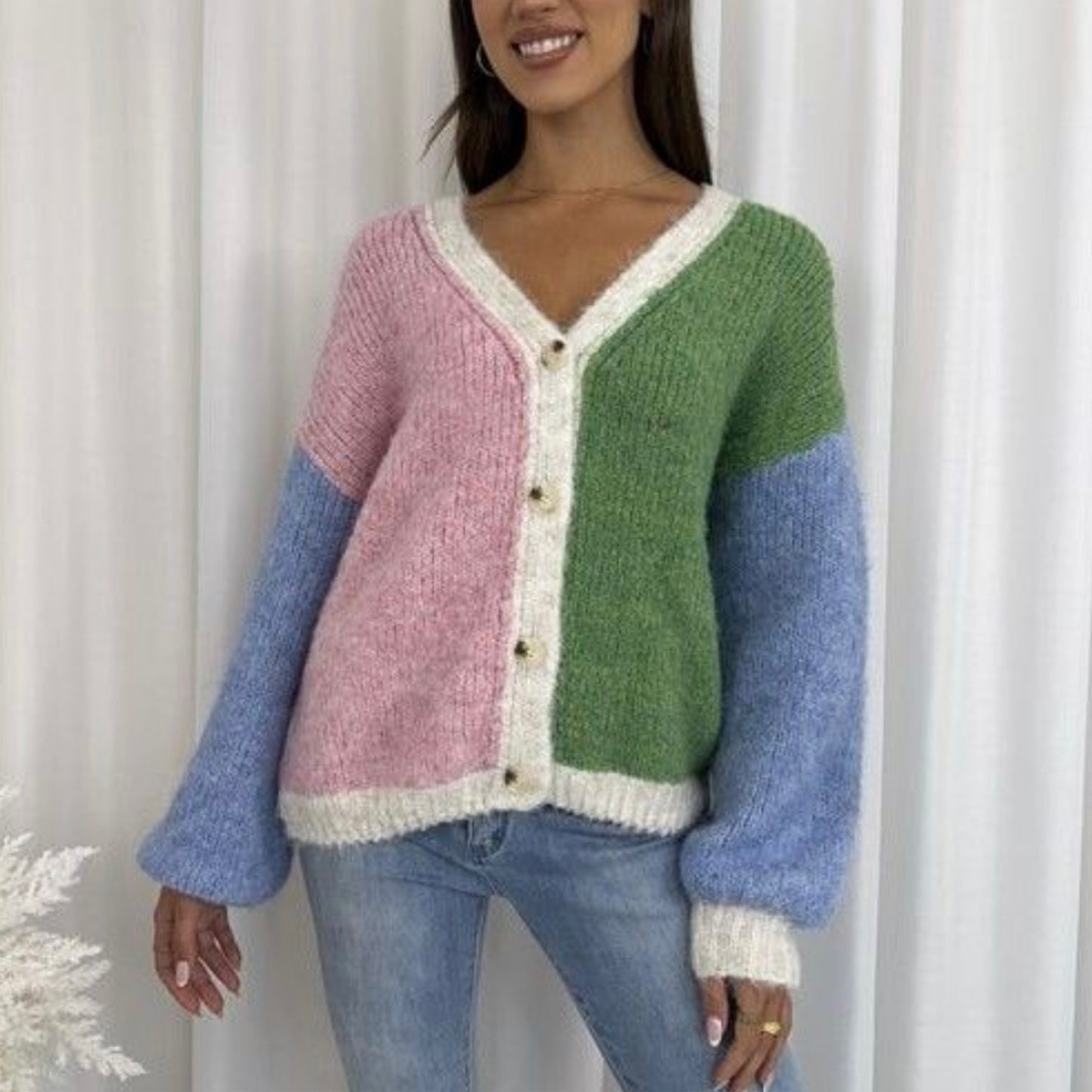 Multi Knit Button Up Cardigan - Green Blue Pink