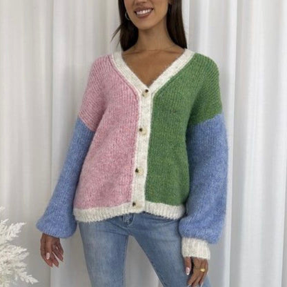 Multi Knit Button Up Cardigan - Green Blue Pink