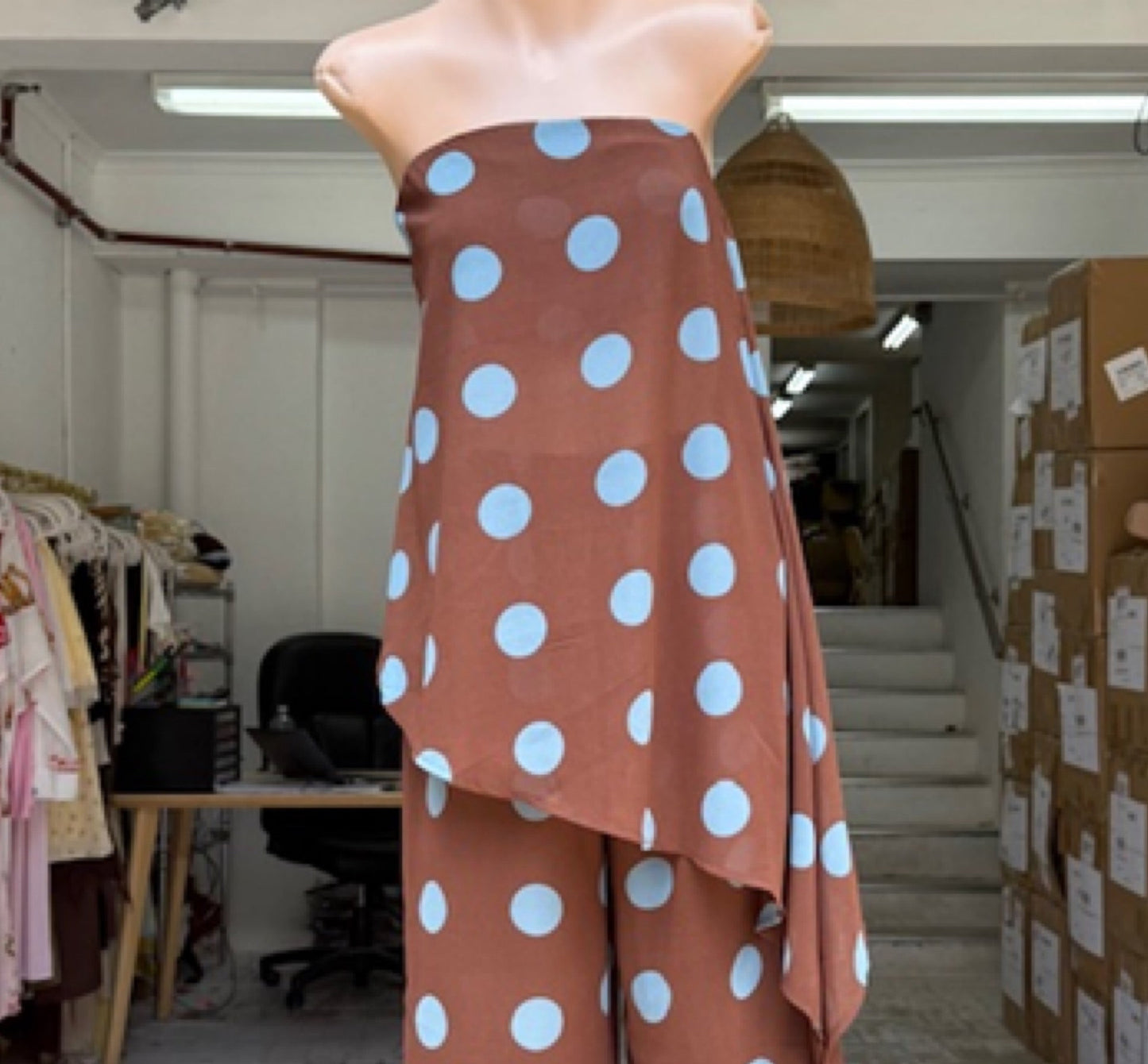 Alice Polka Dot Strapless Assym Pant Set - Chocolate/Blue | By Frankie