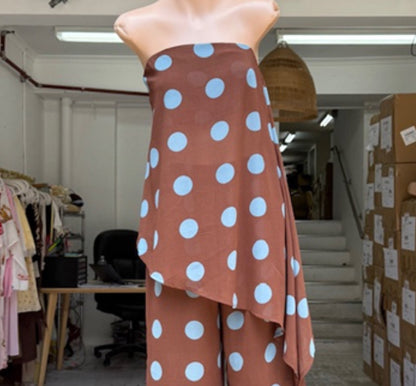 Alice Polka Dot Strapless Assym Pant Set - Chocolate/Blue | By Frankie