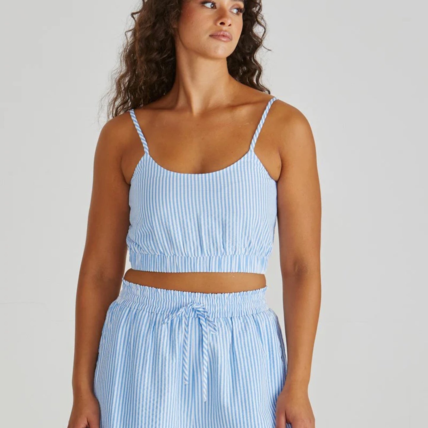 Alani Shirred Bralette Crop Top Shirt - Blue White Stripe
