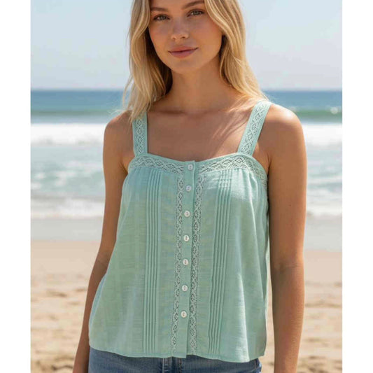 Carly Lace Button Up Singlet Top - Green