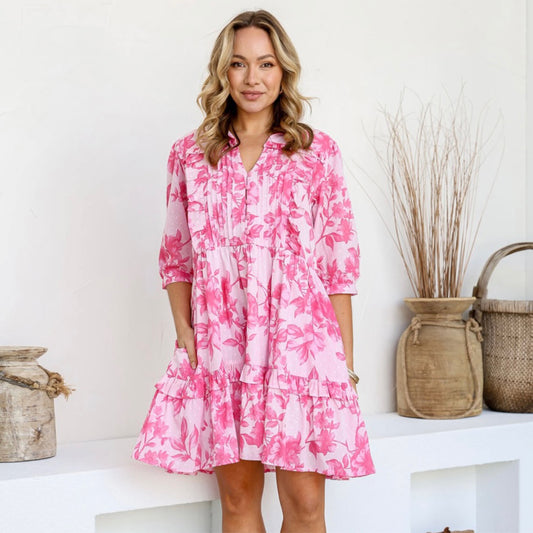 Kelly Button Up Floral Mini Dress - Pink