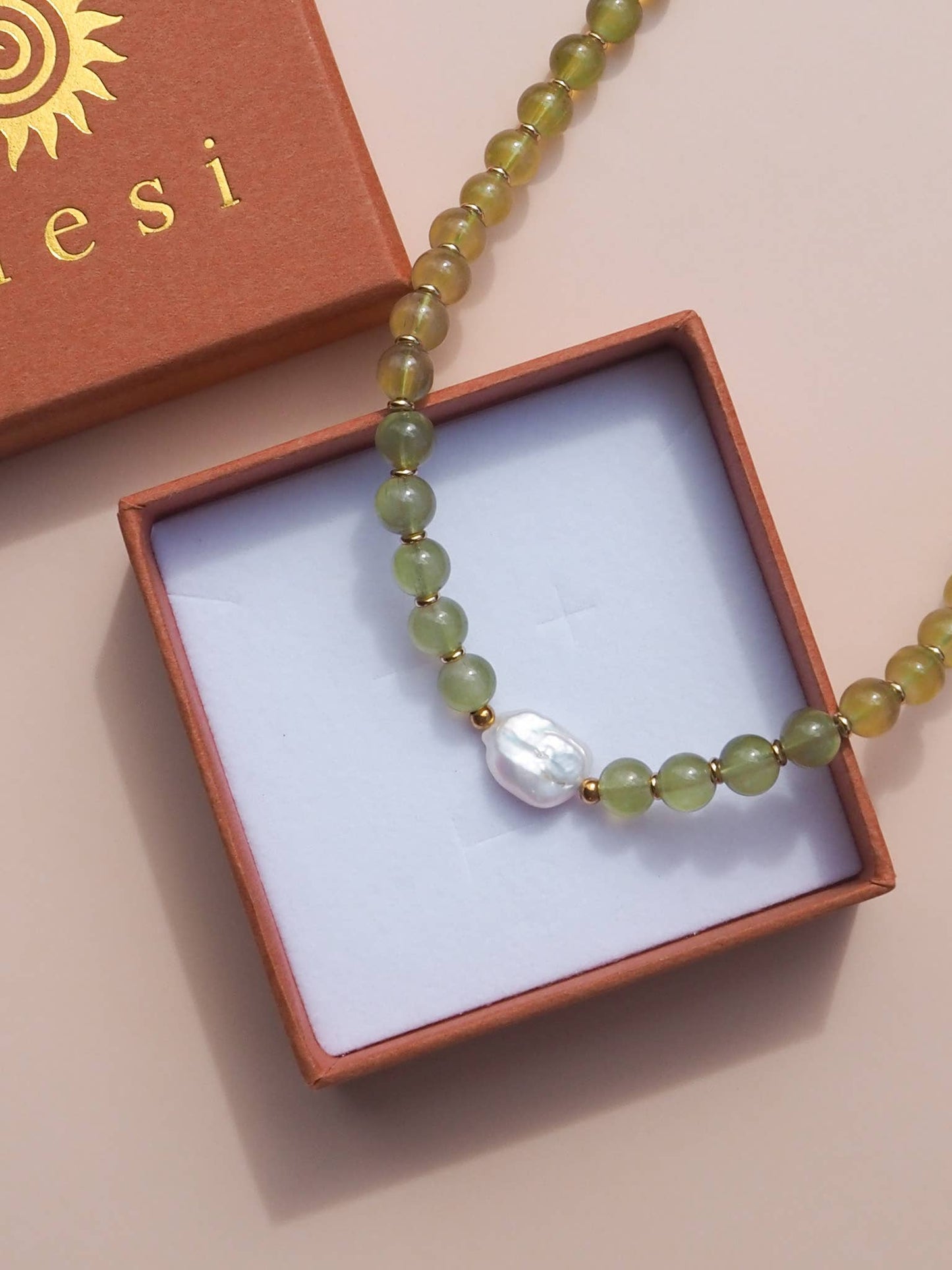 Freshwater Keshi Pearl with Green Beaded Necklace | Alesi Jewellery