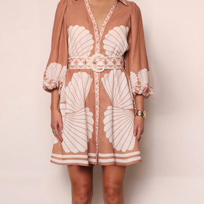 Donatella Button Up belted Mini Dress - Brown Siena Shell