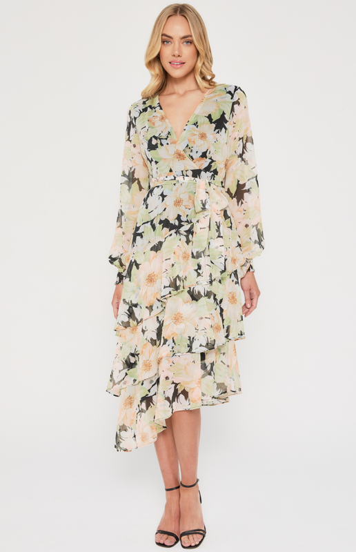 Floral Print Midi Dress with Tiered Asymmetric Hem