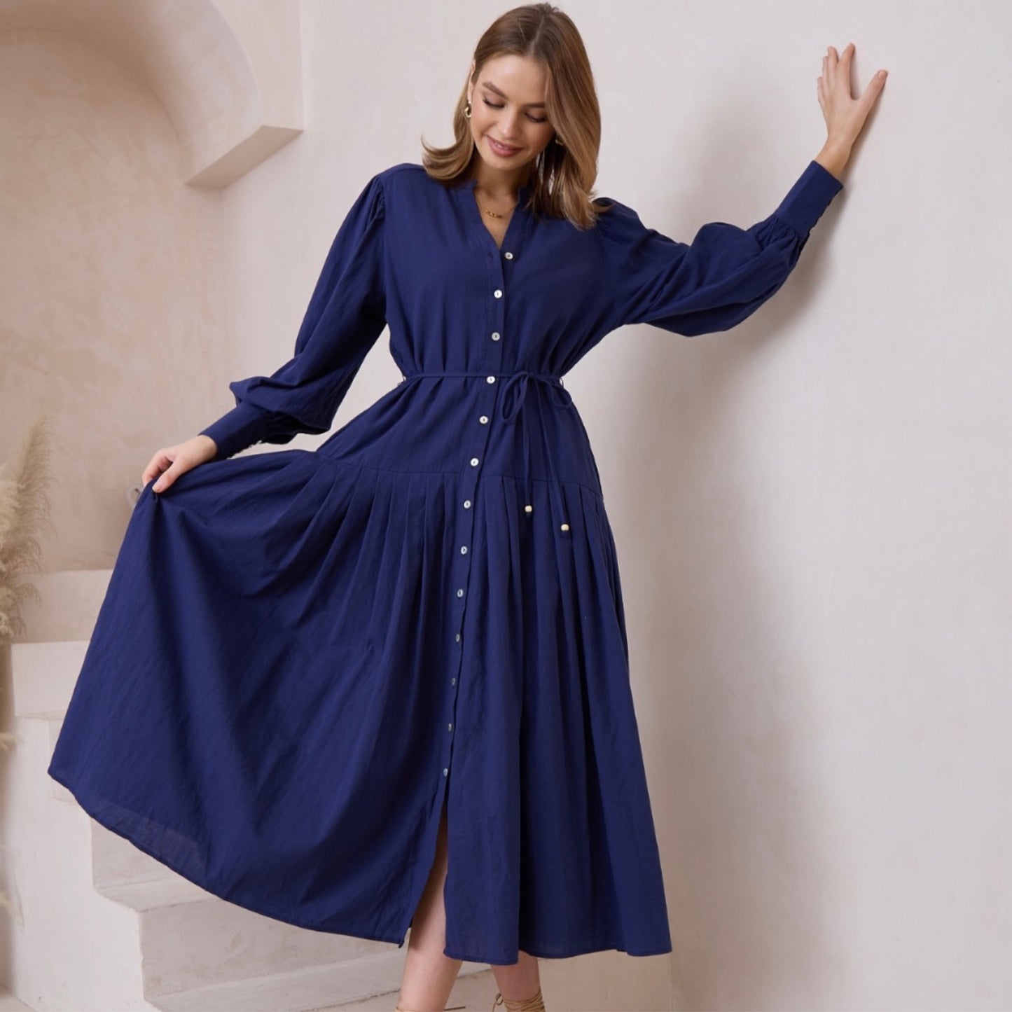 Chelsea Long Sleeve Button Up Midi Dress - Navy Blue