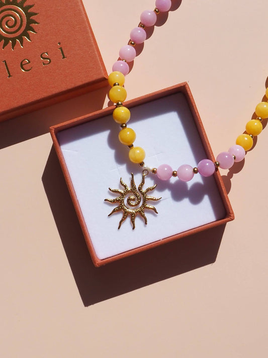Spiral Silver Sun Pink and Yellow Beaded Gemstone Necklace | Alesi Jewellery