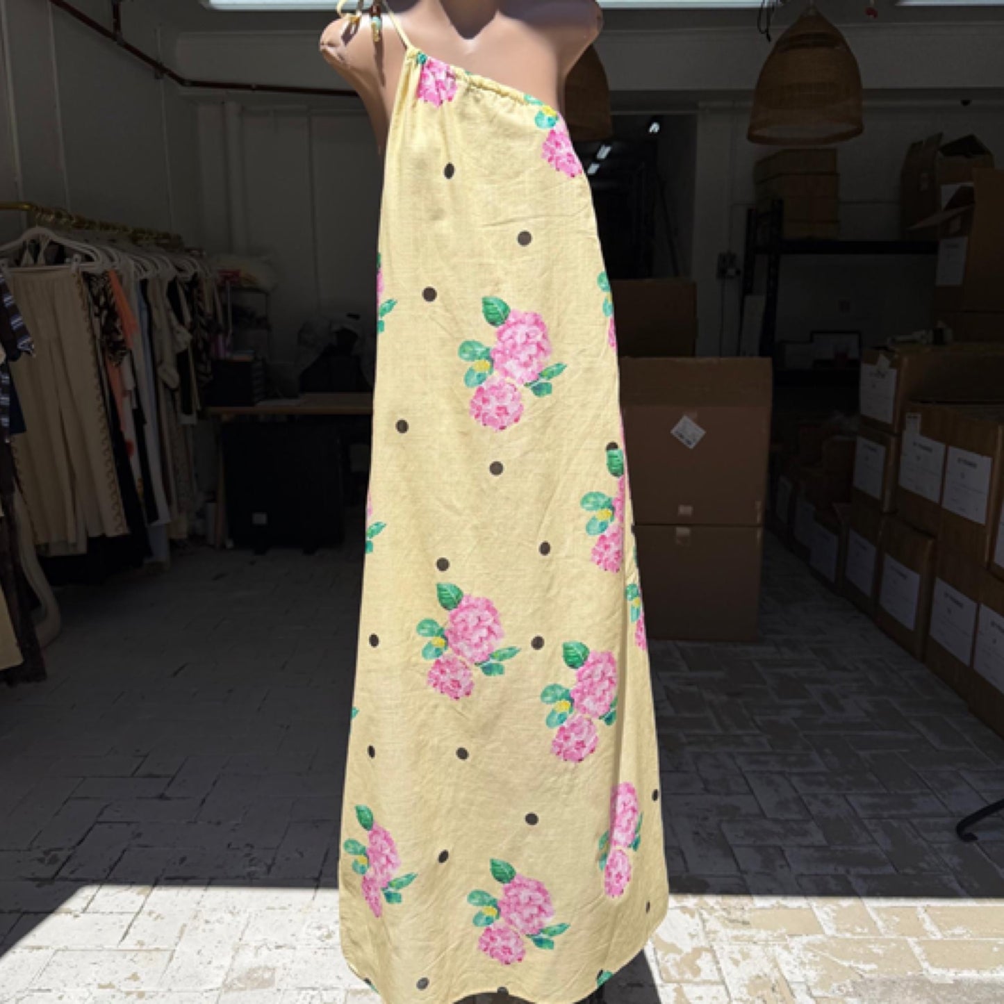 Holly Polka Dot Hydrangea One Shoulder Maxi Dress - Yellow | By Frankie