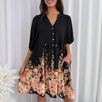 Poppy Button Up Mini Dress - Black Floral