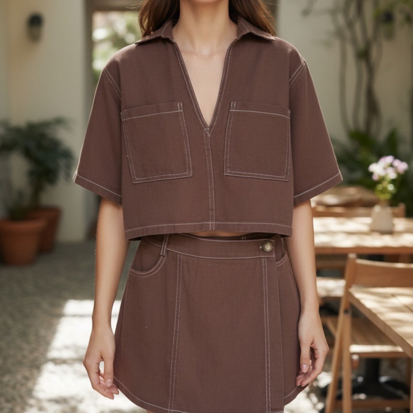 Donna Denim Crop Shirt and Skort Set - Brown