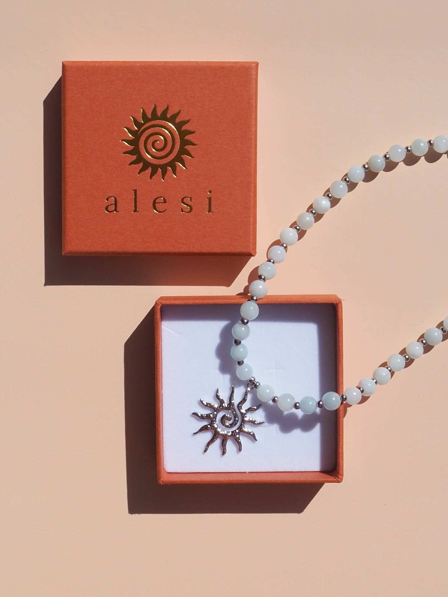 Spiral Gold Sun Blue Beaded Gemstone Necklace | Alesi Jewellery