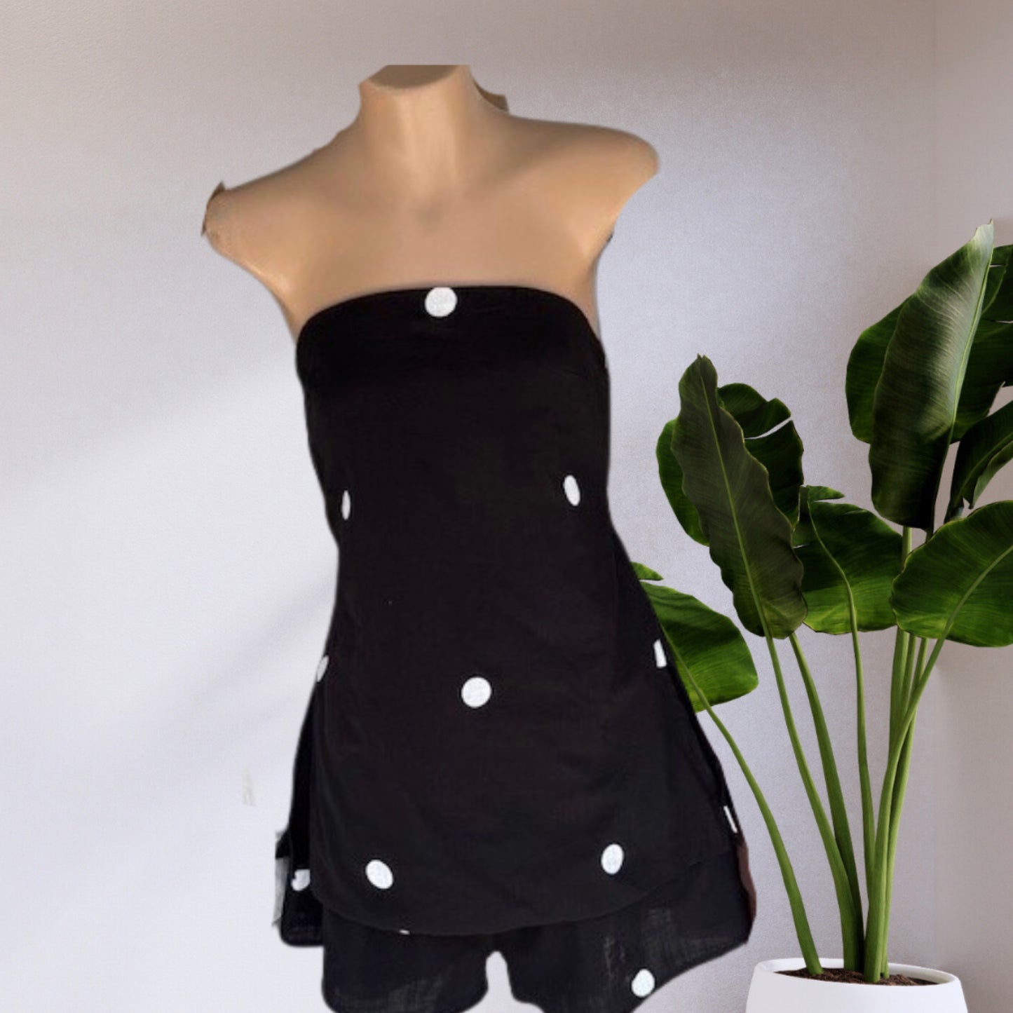 Bella Strapless Top & Shorts Set Black Polka Dot