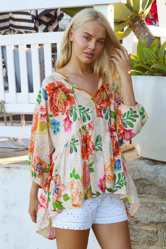 Caroline Boho Floral Top - Kianna Cream