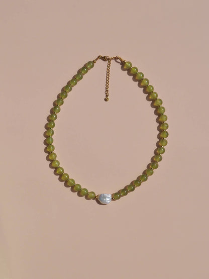 Freshwater Keshi Pearl with Green Beaded Necklace | Alesi Jewellery