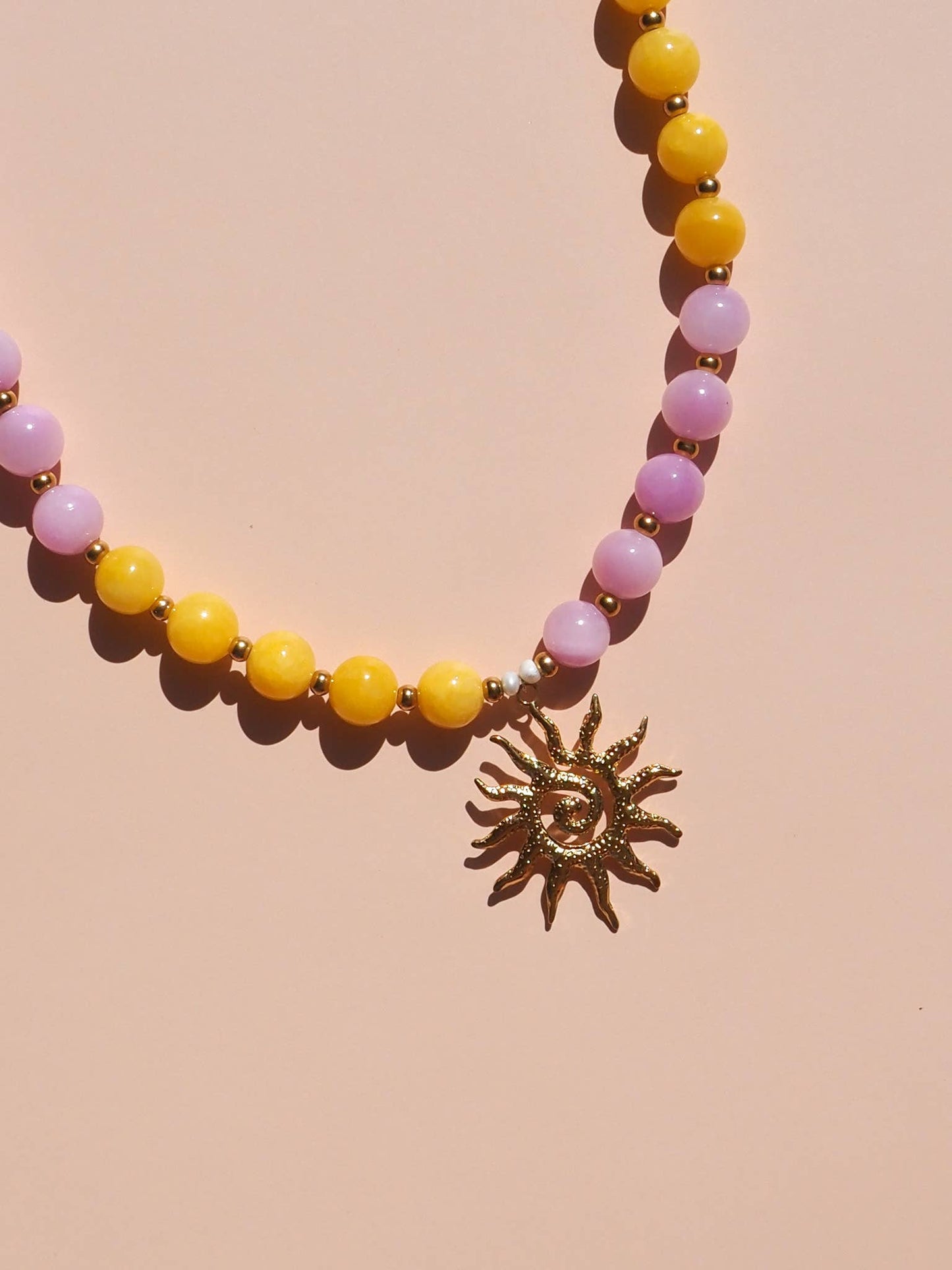 Spiral Silver Sun Pink and Yellow Beaded Gemstone Necklace | Alesi Jewellery
