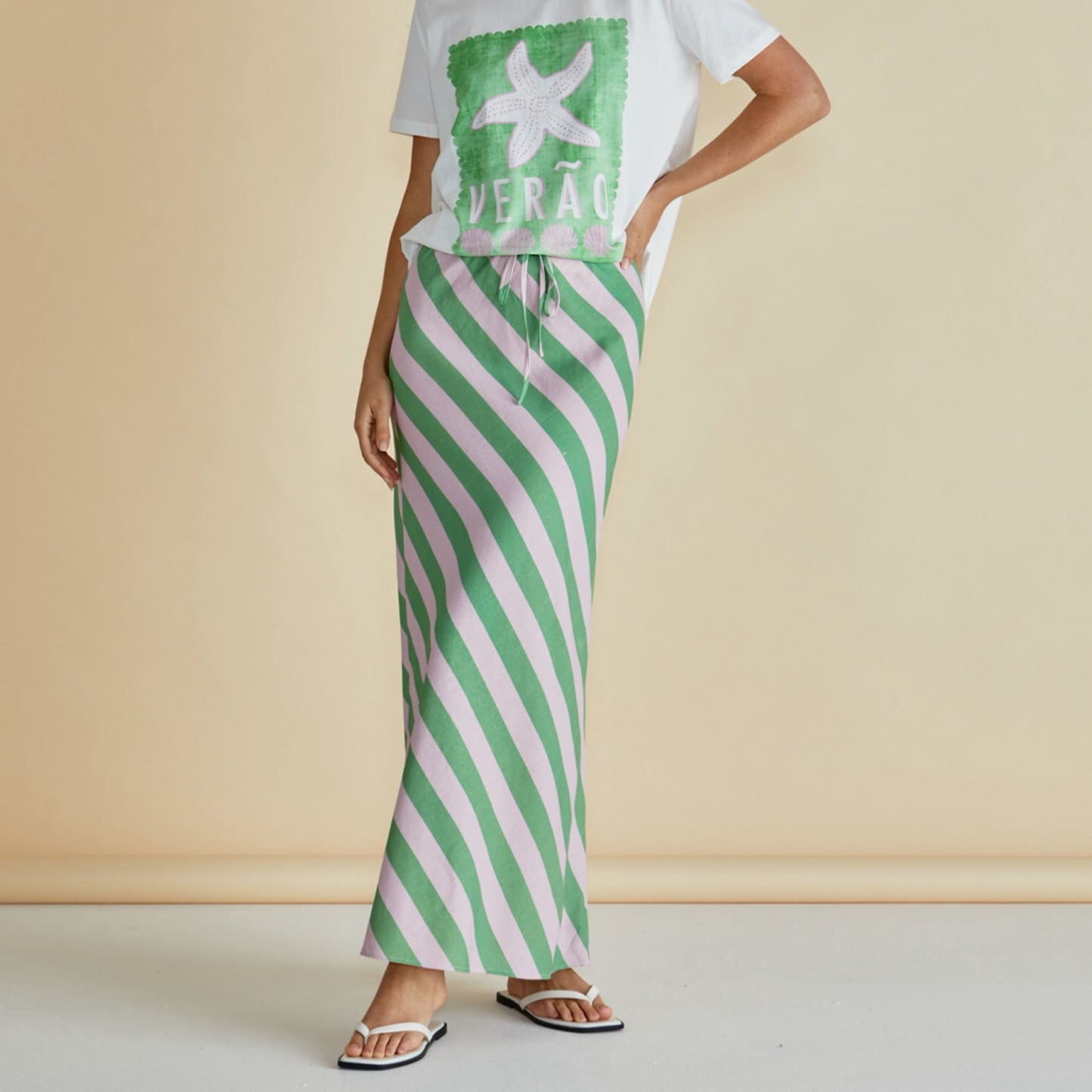 Brooke Bias Midi Skirt in Green/Pink Stripe
