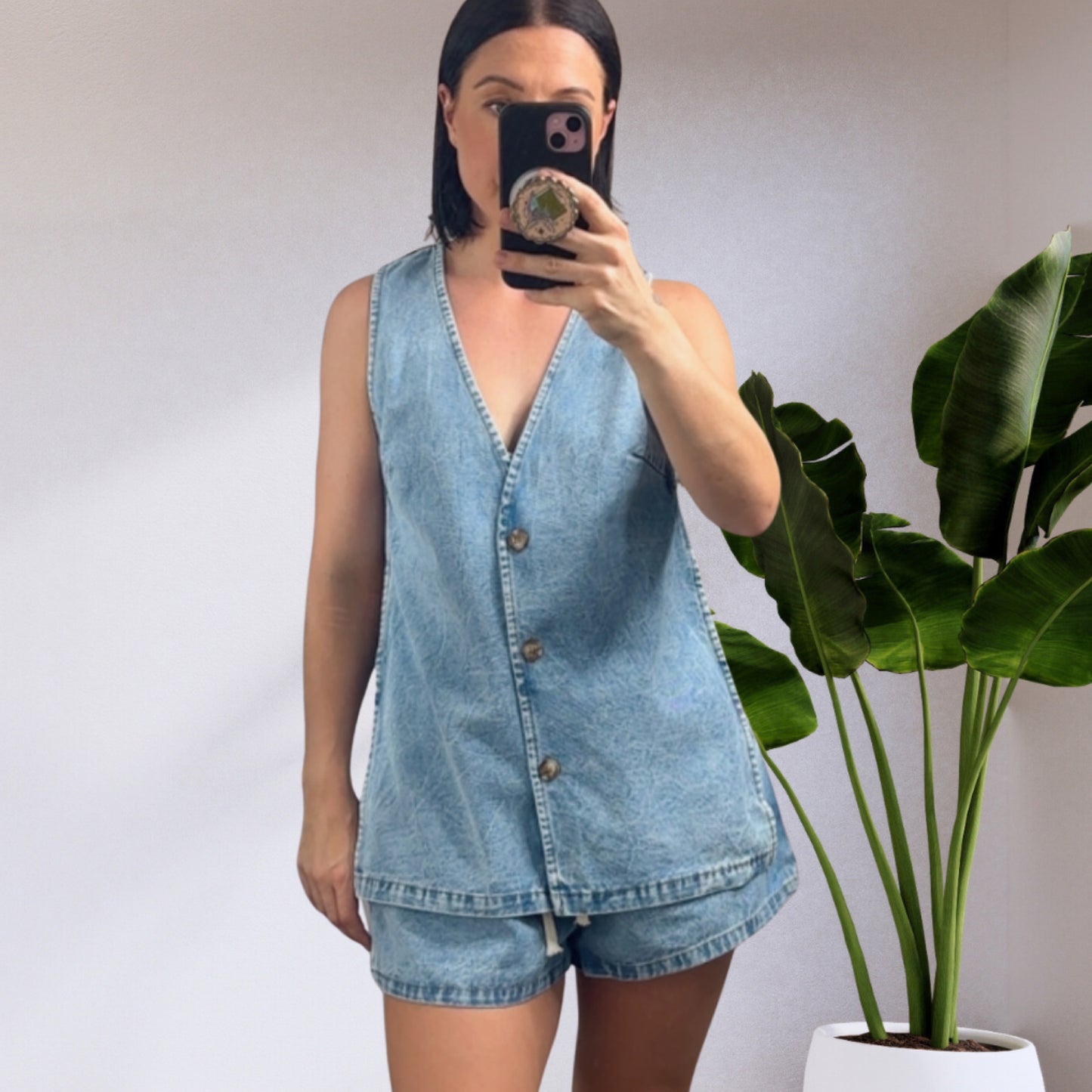 Milly Polka Dot Button Up Open Vest Shirt & Shorts Set - Denim Light Blue | By Frankie