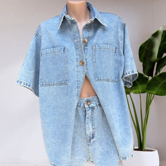 Leah Matching Shirt & Shorts Set - Light Blue Acid Wash Denim | By Frankie