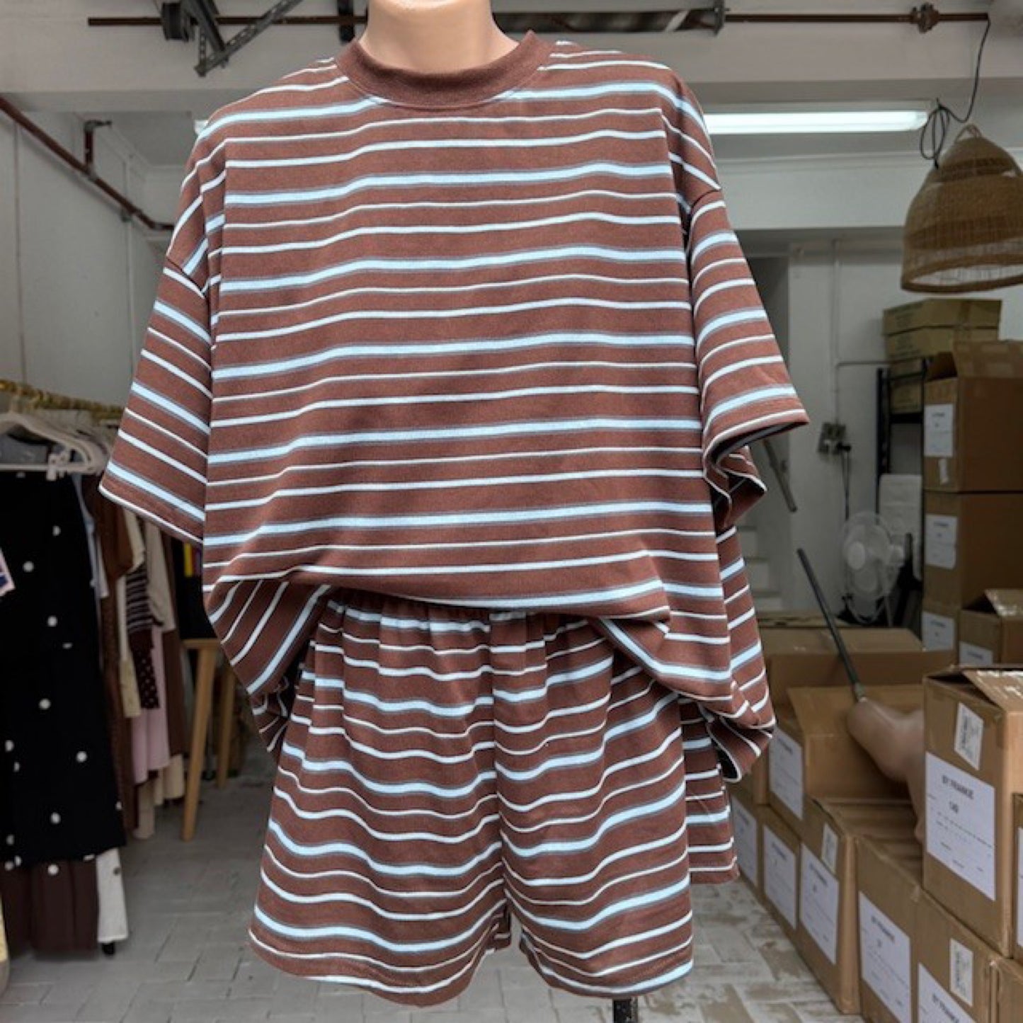 Tessa Stripe T-Shirt & Shorts Set - Brown Blue