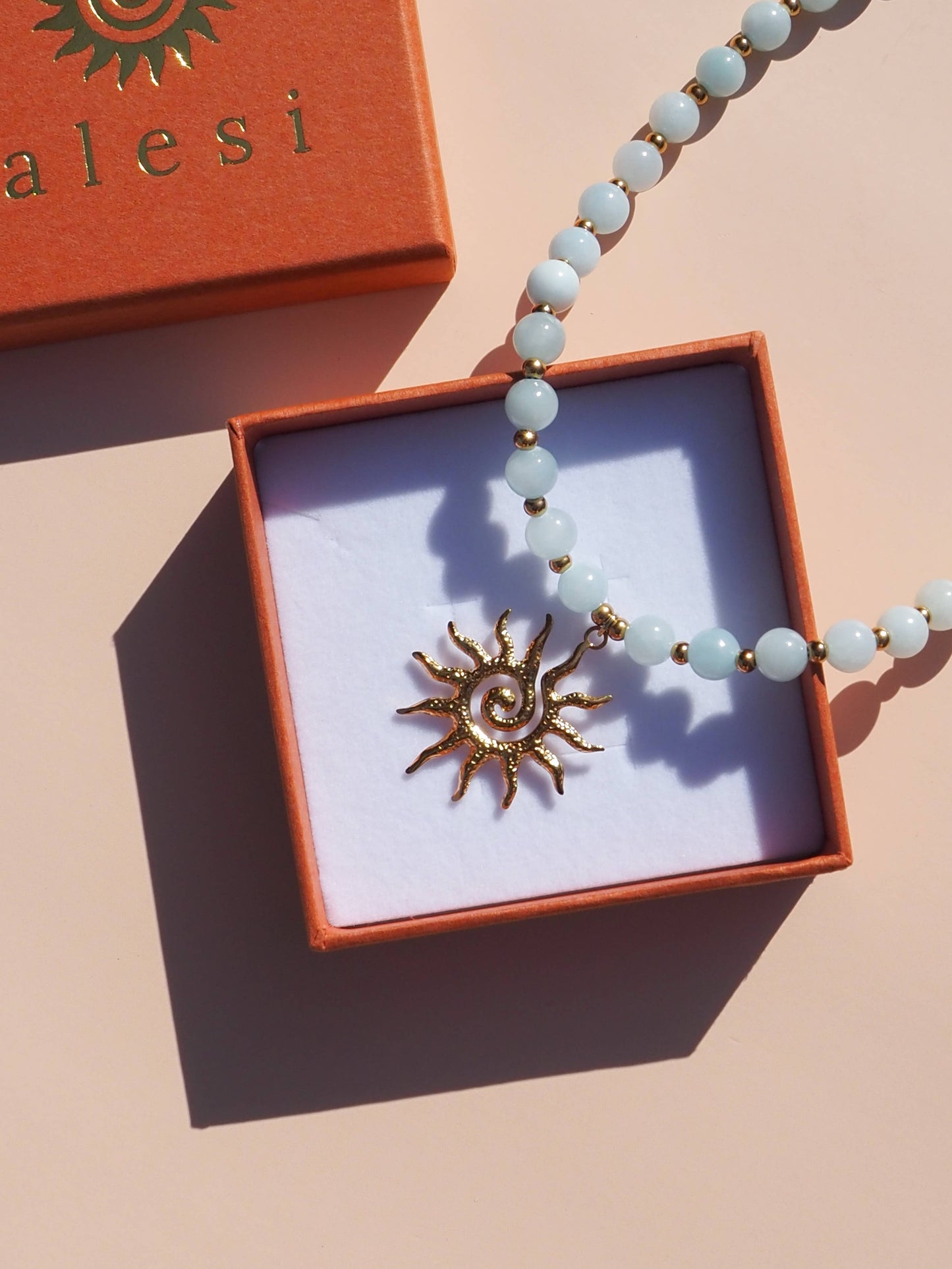 Spiral Gold Sun Blue Beaded Gemstone Necklace | Alesi Jewellery