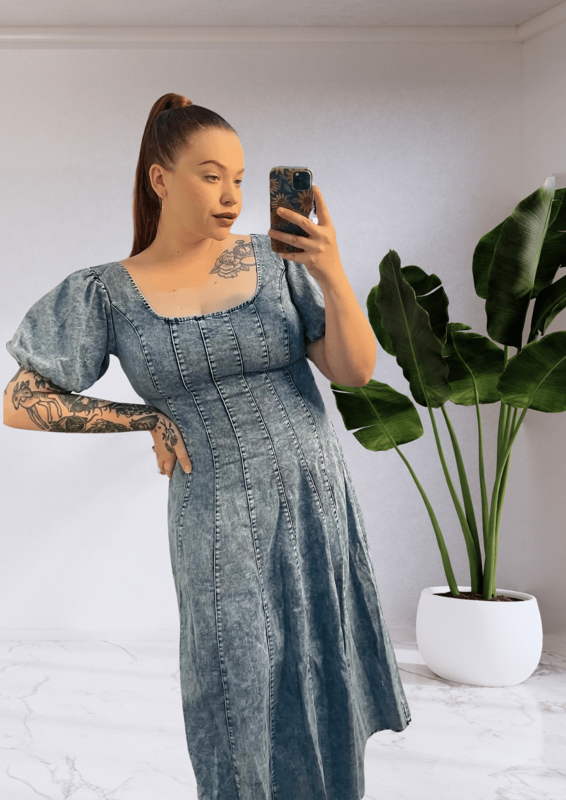 Olivia Fitted Puff Sleeve Maxi Dress - Light Denim