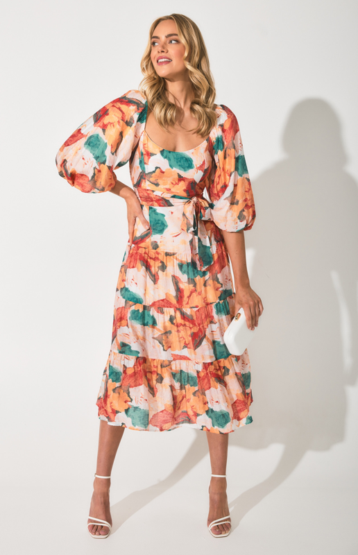 Floral Scoop Neckline Midi Dress with Tiered Hem