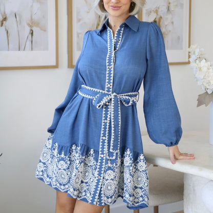 Kylie Long Sleeve Button Up Mini Dress - Blue Embroidered