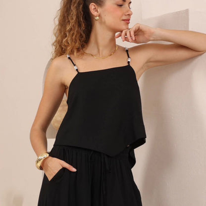 Gia Elastic Open Back Cami Top - Black