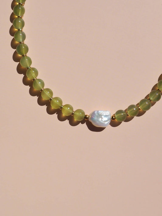 Freshwater Keshi Pearl with Green Beaded Necklace | Alesi Jewellery