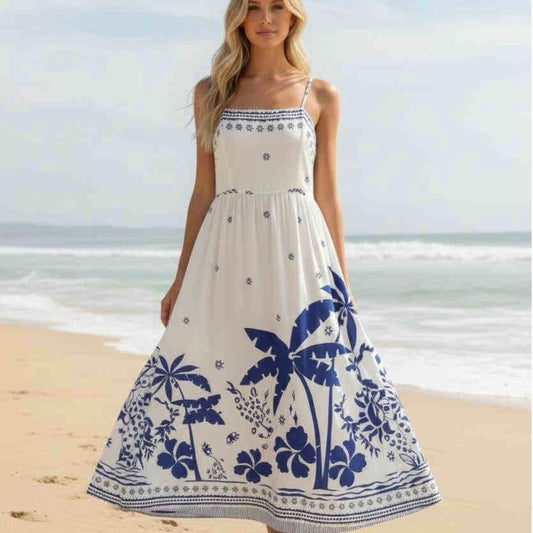 Paula Thin Straps Midi Dress - Blue Palm