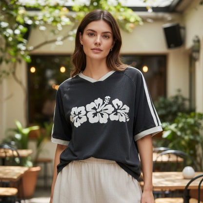 Jersey Oversized Tee Shirt - Hibiscus Black | By Frankie